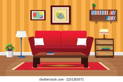Vector de caricatura sala de estar interior con sofá, mesa, planta de la casa, lámpara.