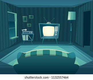 Vector Cartoon Living Room At Night. Front View From Sofa To TV Set, Vinyl Player. Domestic Interior At Evening, Background. Window, Furniture And Carpet At Flat.