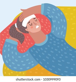 Vector cartoon llustration of young woman lying with hadache. Compress on had. Female characters in white isolated background. Close up veiw.