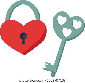 Vector cartoon lock and key. Love holiday illustration. Good for sticker, icon, card, design.