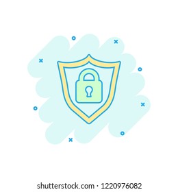 Vector cartoon lock with shield security icon in comic style. Padlock sign illustration pictogram. Shield business splash effect concept.
