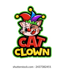 Logo de dibujos animados de un gato lindo y divertido que lleva un vestido de payaso