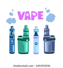 Vector cartoon logo for vape shop isolated on white background. With four vapes and clouds of steam.