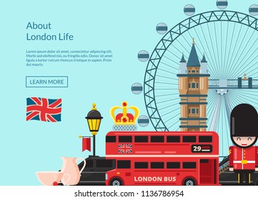 Vector cartoon London sights and objects background with place for text illustration