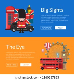 Vector cartoon London sights and objects horizontal web banners illustration