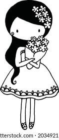 vector cartoon long hair girl hold flowers