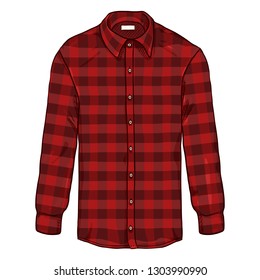 Vector Cartoon Long Sleeve Red Checkered Casual Men Shirt