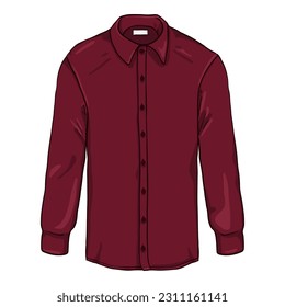Vector Cartoon Long Sleeve Red Classic Men Shirt. Burgundy Color Cloth.