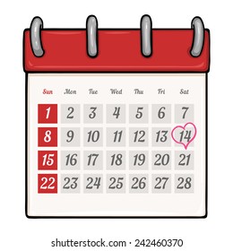 Vector Cartoon Loose-leaf Calendar with Heart Mark on the 14 of February