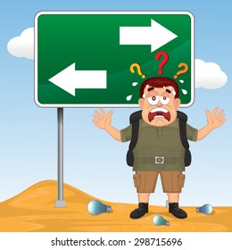 Vector Cartoon lost confused man in front of a choice, illustration  
