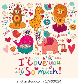Vector cartoon love card with favorite animals.