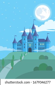 Vector cartoon magic castle in vertical format. Fairytale landscape and night sky with clouds and the big moon. Good illustration for postcards.