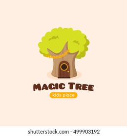 Vector cartoon magic tree logo. Kids playground cute symbol. Kindergarten logotype.