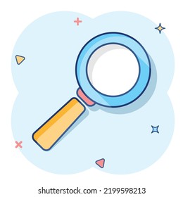 Vector cartoon magnifying glass icon in comic style. Search magnifier illustration pictogram. Find search business splash effect concept.