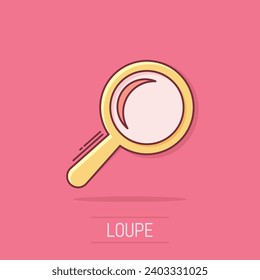 Vector cartoon magnifying glass icon in comic style. Search magnifier illustration pictogram. Find search business splash effect concept.