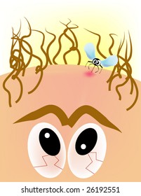 vector cartoon of malaria mosquito on the head of man