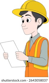 Vector cartoon of a male construction project supervisor wearing a yellow hard hat and safety vest, holding a document or blueprint