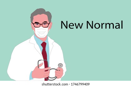 Vector cartoon of a male doctor with white mask and stethoscope in hand, symbol creative concept of the new normal life style after the outbreak of the corona virus.