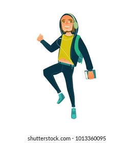 Vector cartoon male teen student jumping. Happy man in modern casual clothing, jeans, hooded pullover, headphone holding books backpack having fun. University college character isolated illustration