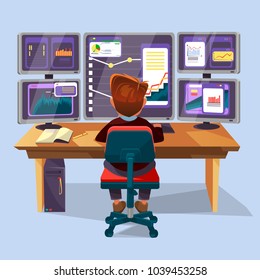 Vector cartoon male trader, financial, data analyst character sitting monitoring graph diagram chart monitors office workplace monitor. Business man, stock currency exchange market research concept