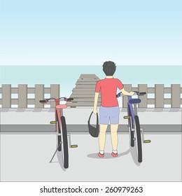 Vector cartoon man bicycling at the beach and another bike parked cars, but no people