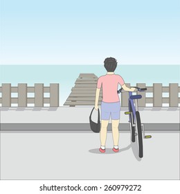 Vector cartoon man bicycling at the beach.