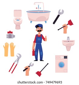 vector cartoon man blumber in uniform and mustache holding case with tools thumbs up, winking, water valve, plunger, pipe, monkey wrench and domestic blumbing. isolated illustration, white background