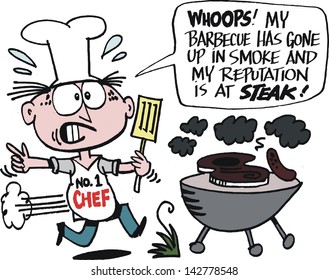 Vector cartoon of man burning steaks on barbecue