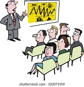 Vector Cartoon Of Man At Business Seminar And Bored Audience.