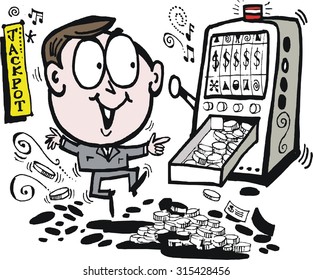 Vector cartoon of man celebrating after winning jackpot.