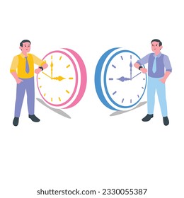 Vector Cartoon Man Character Standing in Front of Clock
