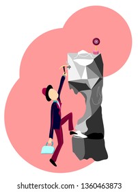 Vector cartoon man climbs to the goal on the top of mountain symbolizing business success. Successful goal achievement symbol on pink isolated background.