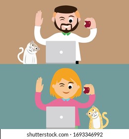 Vector cartoon, a man communicating with a woma in a happy posture by laptop and eating apples with a cute cat. Concept of work from home, COVID-19 virus outbreak, social distancing.
