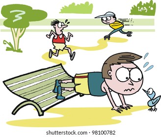 Vector cartoon of man doing press ups and exercises in park