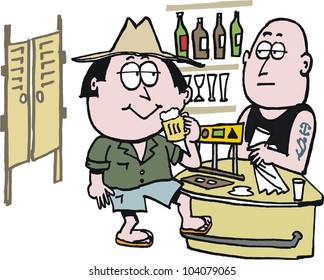 Vector Cartoon Of Man Drinking Beer In Australian Outback Pub.