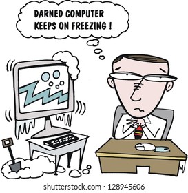 Vector cartoon of man with frozen computer monitor.