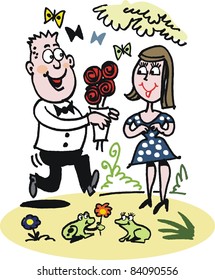 Vector cartoon of man giving bouquet of roses to woman