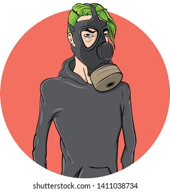 Vector cartoon of man with green hair in a gas mask.