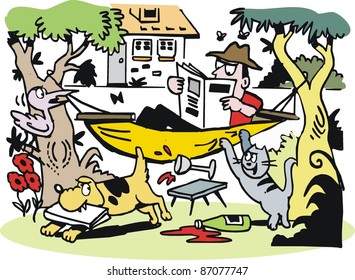 Vector cartoon of man in hammock trying to relax in garden.
