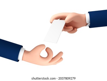 Vector cartoon man hand gives a business card to another person's hand. Cartoon hand holding blank white business card, credit card isolated on white background.