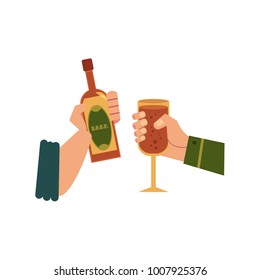 vector cartoon man hands holding glass bottle of golden lager cool beer and glass of wine, champagne or alcohol drink toasting. Ready for your design isolated illustration on a white background.