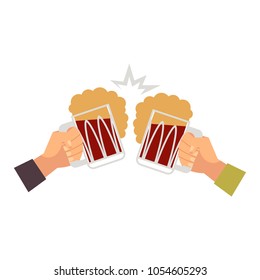 vector cartoon man hands holding golden lager cool beer glass bottle toasting. Ready for your design isolated illustration on a white background.