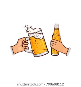 vectorial caricatura manos del hombre que sostienen una taza llena de cerveza fresca lager con espuma blanca gruesa y botella de tostada de cerveza. Listo para su diseño ilustración aislada en un fondo blanco.