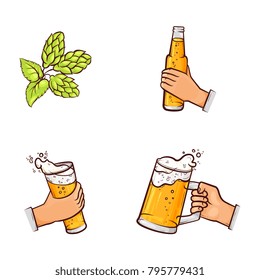 vector cartoon man hands holding thin and big mugs of golden lager cool beer with thick foam, and bottle of beer and green hop cones, leaves with stem. isolated illustration on a white background.