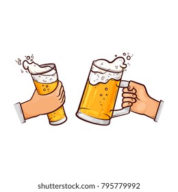 vector cartoon man hands holding full mugs of golden lager cool beer with thick white foam and water drops toasting. Ready for your design isolated illustration on a white background.