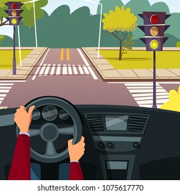 Vector cartoon man hands on car wheel driving vehicle on street crossroad background. Behind the steering wheel concept. Illustration with car interior, speedometer and view from driver angle