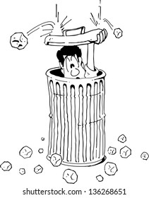Vector cartoon of a man hiding from hail in a garbage can.