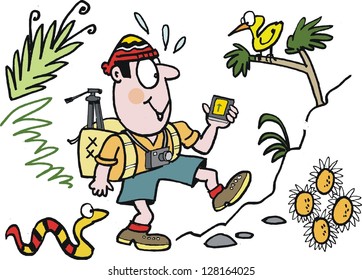 Vector cartoon of man hiking in forest.
