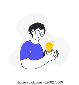Vector Cartoon Man Holding Light Bulb On White Background For Idea Concept.