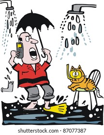 Vector de dibujos animados de hombre en cuarto de baño con fugas de teléfono para plomero